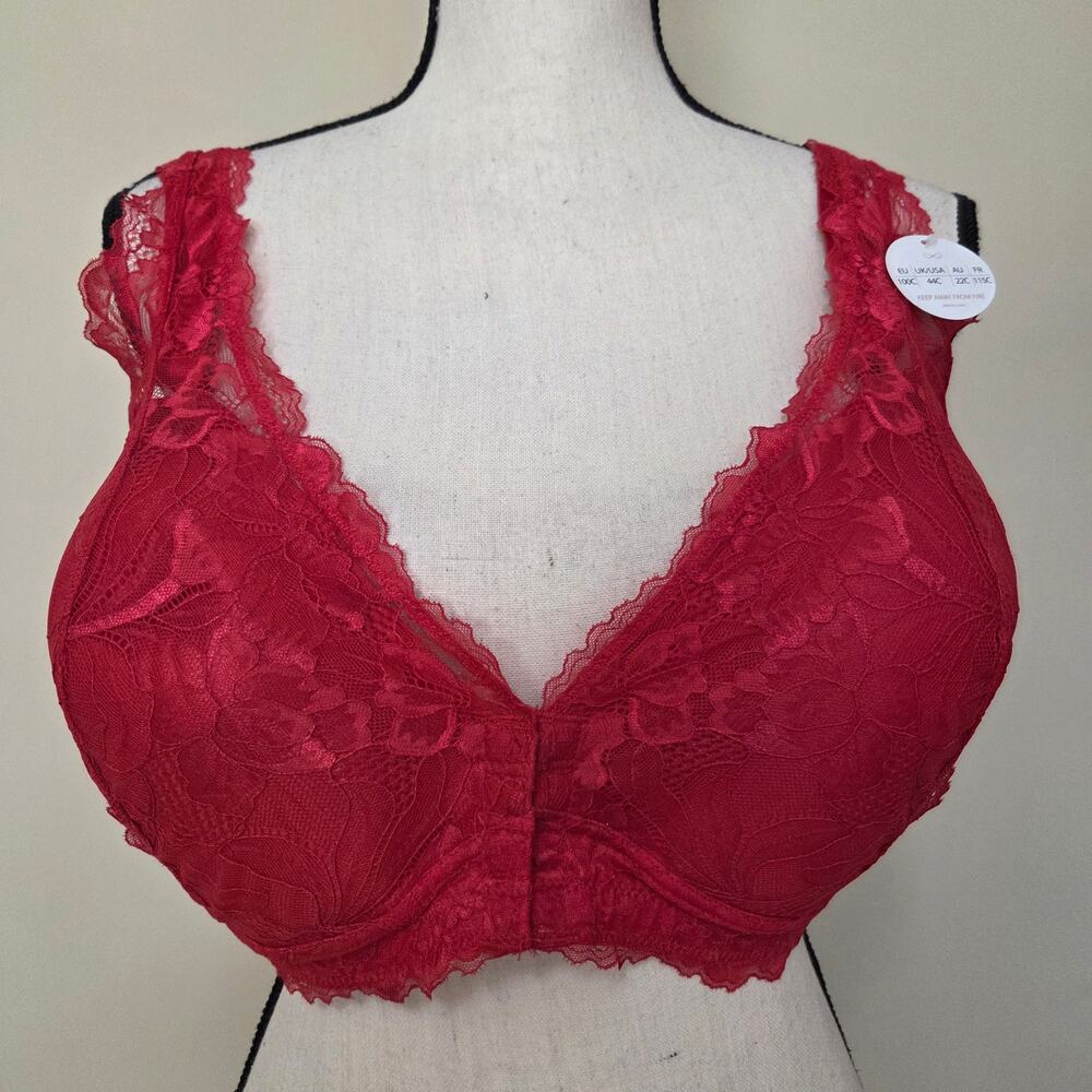 NWT LacyLite 44C Wire Free Bra Front Closure Lightly Lined Adjustable Strap Red